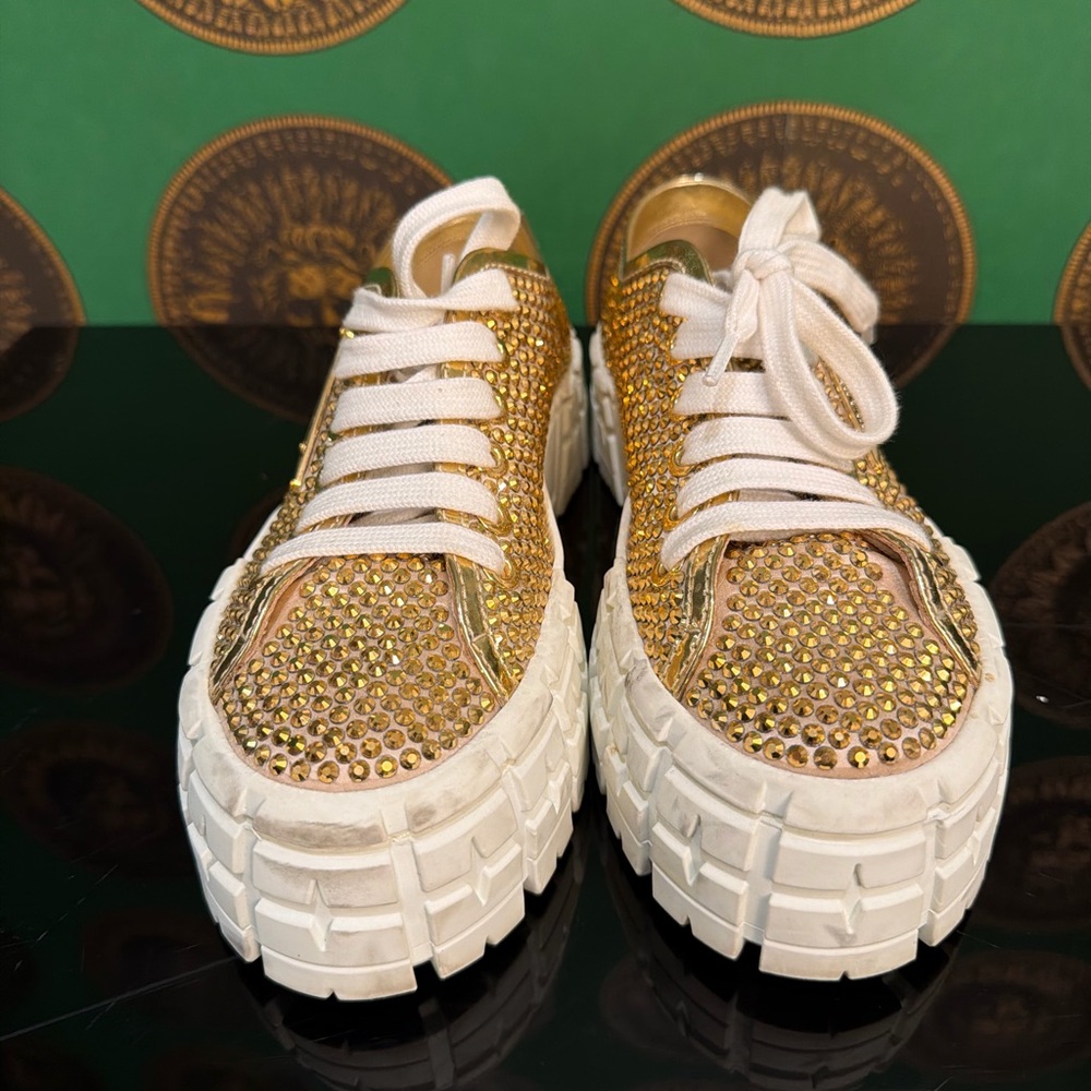 Prada Double Wedge Gold Crystal Women's Sneakers, Size 37, worn once - Picture 3 of 7